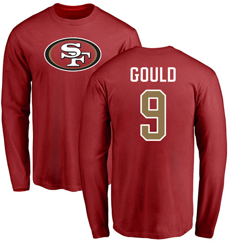 Men San Francisco 49ers Red Robbie Gould Name and Number Logo #9 Long Sleeve NFL T Shirt->nfl t-shirts->Sports Accessory